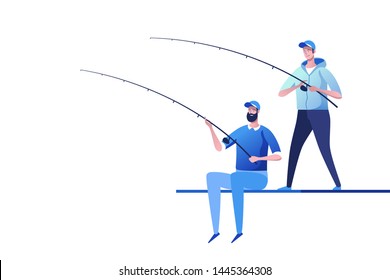 Fishermen at river bank. Fishing sport, outdoor summer recreation, leisure time. Vector illustration.