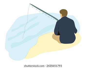 Fishermen at river bank. Fishing sport, outdoor summer recreation, leisure time. Vector illustration. Cartoon people fishing. Man Character catching fish. Leisure pastime. Outdoors. Wildlife.