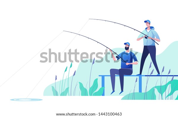 川岸の漁師 釣りスポーツ 野外の夏の娯楽 余暇 ベクターイラスト のベクター画像素材 ロイヤリティフリー