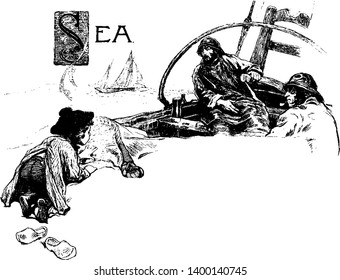 Fishermen is a sailboat can be seen in the background as well, vintage line drawing or engraving illustration.