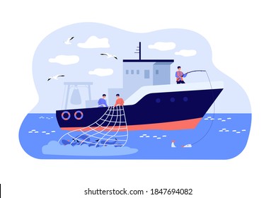 Fishermen sailing boat in sea and fishing with rod and net. Vector illustration for fisher job, fishermen ship, commercial fishing concept