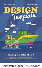 Fishermen sailing boat in sea and fishing with rod and net. Vector illustration for fisher job, fishermen ship, commercial fishing concept