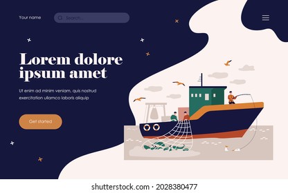 Fishermen sailing boat in sea and fishing with rod and net. Vector illustration for fisher job, fishermen ship, commercial fishing concept