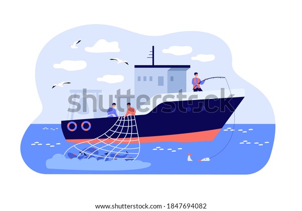 Fishermen sailing boat in sea and fishing with\
rod and net. Vector illustration for fisher job, fishermen ship,\
commercial fishing\
concept