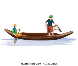 Fishermen With Sampan Boat Vector Design