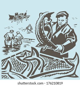 Fishermen at sea take fish through the seine vector illustration