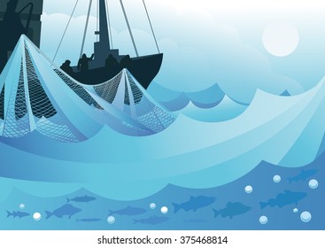 Fishermen, seiner, fishing nets, commercial fish on a background of the storm sea.