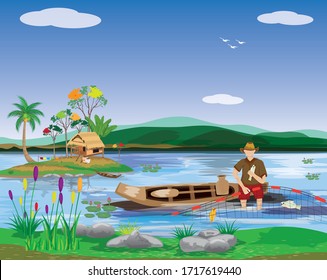 Fishermen sit on canoe trap fish with nets vector design
