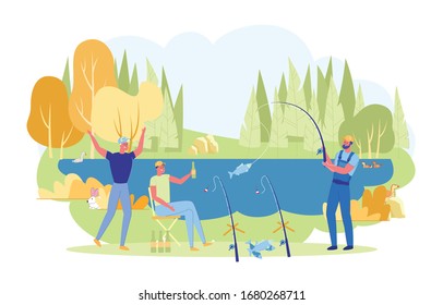 Fishermen Sitting at River Bank with Rods Flat Cartoon Vector Illustration. Friends Fishing Outdoor. Having Summer Hobby, Recreation in Leisure Time. Guys Drinking Beer and Catching Fish.