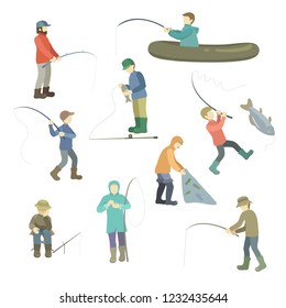 Fishermen spend time fishing. Fish in a boat, casting fishing rods, fishing with a net, sitting at a hole in the hole or holding a catch.