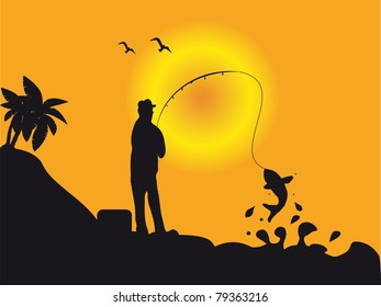 Fishermen in the sunset with fish