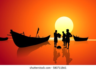 Fishermen Sunset Seashore - Vector