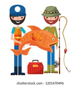 fishermen team with fish cane and box