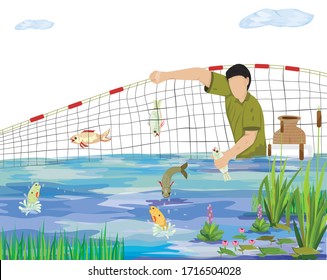 Fishermen trap fish with nets vector design