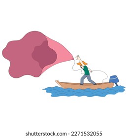 Fischer am Arbeitsplatz sind im Boot, das Netze zum Fang von Fisch wirft. Vektordesign-Illustration