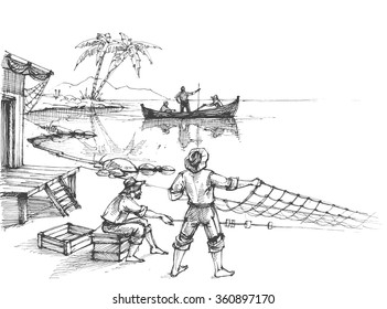Fishermen at work sketch