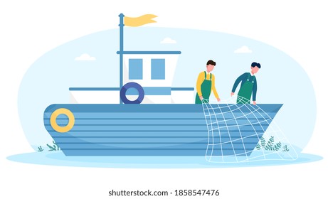 Fishermen Working On Boat With Net. Concept Of Commercial Fishery Ship In Ocean. Industrial Vessel And Working Fisherman. Flat Cartoon Vector Illustration