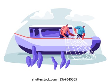 Fishermen Working on Fishery Industry on Large Boat Ship Catching Fish and Pulling Fishing Net from Sea, Summertime Hobby, Fishing Industry, Profession Occupation. Cartoon Flat Vector Illustration