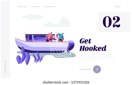 Fishermen Working on Large Boat Catching Fish and Pulling Fishing Net from Sea, Fishing Industry, Job, Profession Occupation. Website Landing Page, Web Page. Cartoon Flat Vector Illustration, Banner