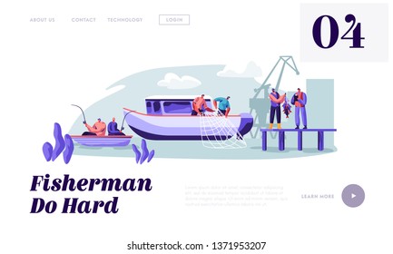 Fishermen Working on Large Boat Ship Catching Fish, Pulling Fishing Net from Sea, Giving Catch to Customer, Fishing Industry. Website Landing Page, Web Page. Cartoon Flat Vector Illustration, Banner