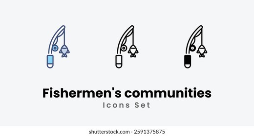 Fishermen's communities Icons set thin line and glyph vector icon illustration