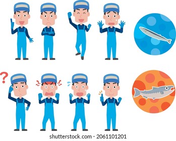 Fishermen's male facial expression pose illustration set