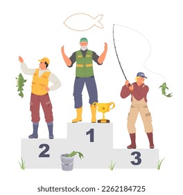 Fishers competition vector illustration. Fisherman holding prize sport trophy award. Winner achievement at fishing event. Hobby and championship tournament