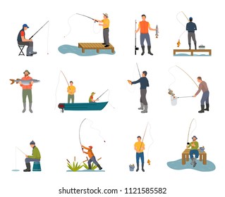 Fishers with fishing rod set. People sitting on wooden pier, in boat leading active style of life. Fish catchers with rod help vector illustration