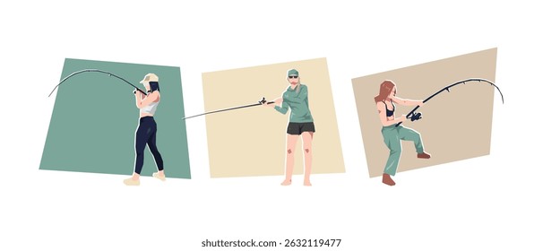 Fisherwoman character set. Activity, recreation theme. Flat vector illustration.