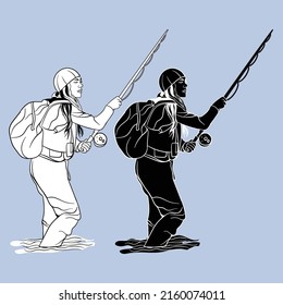 Fisherwoman Holding Fishing Royalty Vector Art, Black and white Illustrations