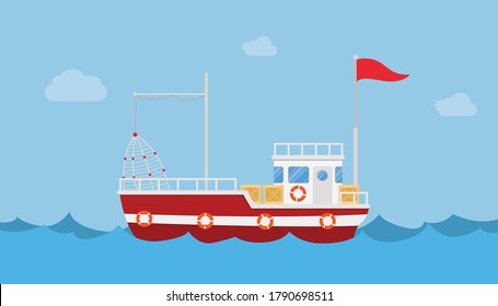 fishery boat alone in the sea ocean with blue water and clean sky with modern flat style