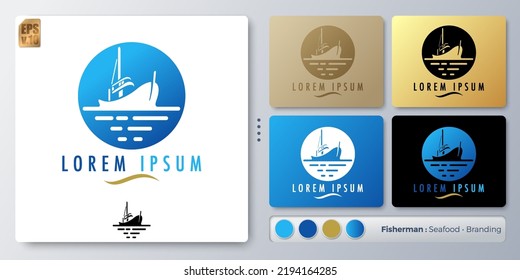 Vektorgrafik-Logo für Fischereifahrzeuge mit minimalem Design. Leerer Name für das Eintragen Ihres Brandings. Entworfen mit Beispielen für alle Arten von Anwendungen. Sie können für Unternehmen, Einzelpersonen, Reisen, Transport