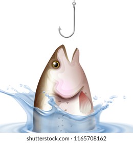 Fishery composition rainbow trout during swallowing hook in water splashes on white background realistic vector illustration 