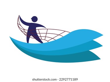 Fishery Concept. Figure of a man with a net and above ocean waves. Editable Clip Art                                                               