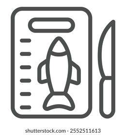 Icono de línea de cocina de pesca, concepto de cocina. Gráficos de Vector. Tabla de cortar y signo de cuchillo sobre fondo blanco, icono de estilo de contorno para móvil o Diseño web