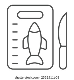 Icono de línea delgada de cocinero de pesca, concepto de cocina. Gráficos de Vector. Tabla de cortar y signo de cuchillo sobre fondo blanco, icono de estilo de contorno para móvil o Diseño web