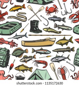 Fishery gear equipment, fishing and fish seamless pattern. Inflatable and wooden boats, rods and boots, paddles and waterproof tent sketch vector. Tuna and hake, sardine, sea brass, dorado and cod