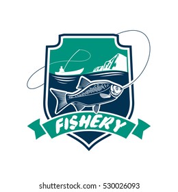 Fishery Icon. Fish And Seafood Industry Vector Isolated Badge With Fisherman In Boat, Fishing Rod, Fish On Hook, Sea Water. Fishing Sport Adventure Club Emblem Or Sign.