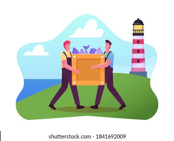 Fishery Industry Concept. Fishermen Male Characters In Working Overalls Carry Wooden Box With Raw Fish On Seascape Background And Light House. Fishers Working. Cartoon People Vector Illustration