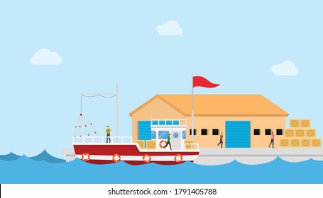 fishery industry concept on small port and warehouse or storehouse building with boat and people with modern flat style