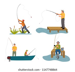 Fishery Rod In Mans Hand. People In Boat Floating Catching Fish. Sport And Hobby Of Males, Dock By Lake Or River Set Isolated On Vector Illustration