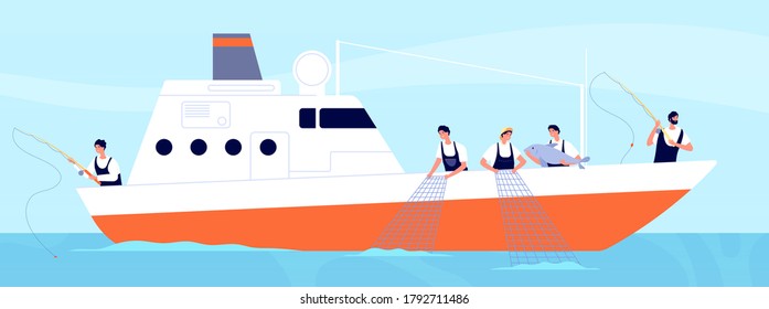 Fishery Season. Fishermen On Boat, Commercial Fishery Ship In Ocean. Industrial Vessel And Working Fisherman With Catch Vector Illustration