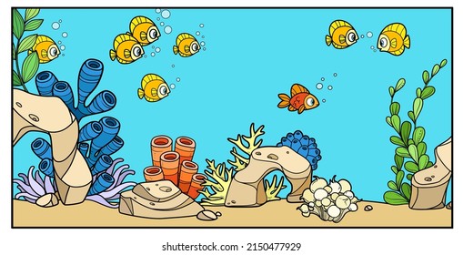 Fishes against the backdrop of the seabed with corals, algae, stones and anemones color variation for coloring page