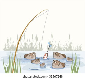 Fishes around the float in the pond