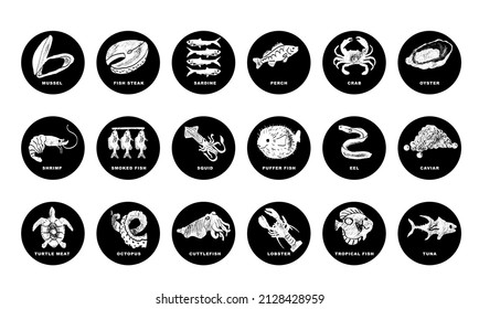 Fishes, arthropods and seafood in a abstract draw design. Simple, flat design. Patterns and backgrounds.
