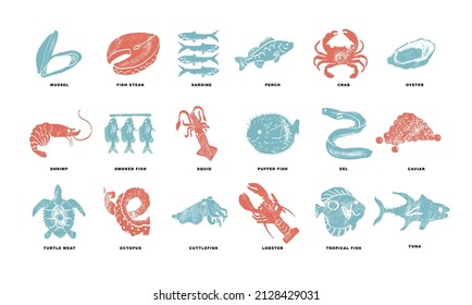 Fishes, arthropods and seafood in a abstract draw design. Simple, flat design. Patterns and backgrounds.