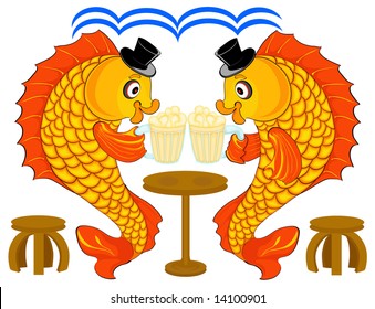 Fishes behind a table in a bar with mugs