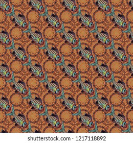 Fishes in black, orange and brown colors. Cute texture fish pattern. Vector illustration. Seamless colorful background.