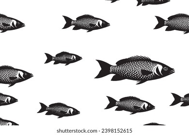 fishes black texture on white paper, vector illustration background texture