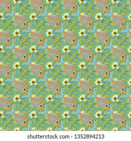Fishes in blue, green and orange colors. Vector seamless pattern or modern stylish texture. Repeating geometric tiles with fish.